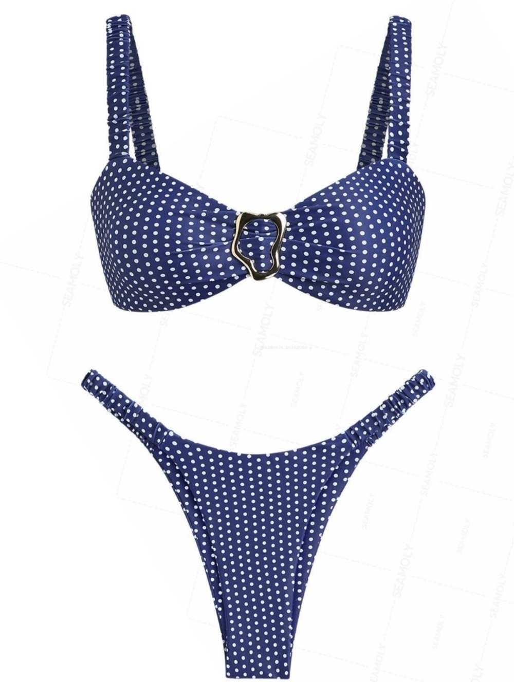 NWT Seamolly Blue Polka Dot Two Piece High Leg Cheeky Bikini Padded - Size S